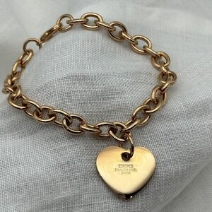 Vintage Heart Charm Chain Bracelet Rose Gold Tone Signed Edforce 7.5"